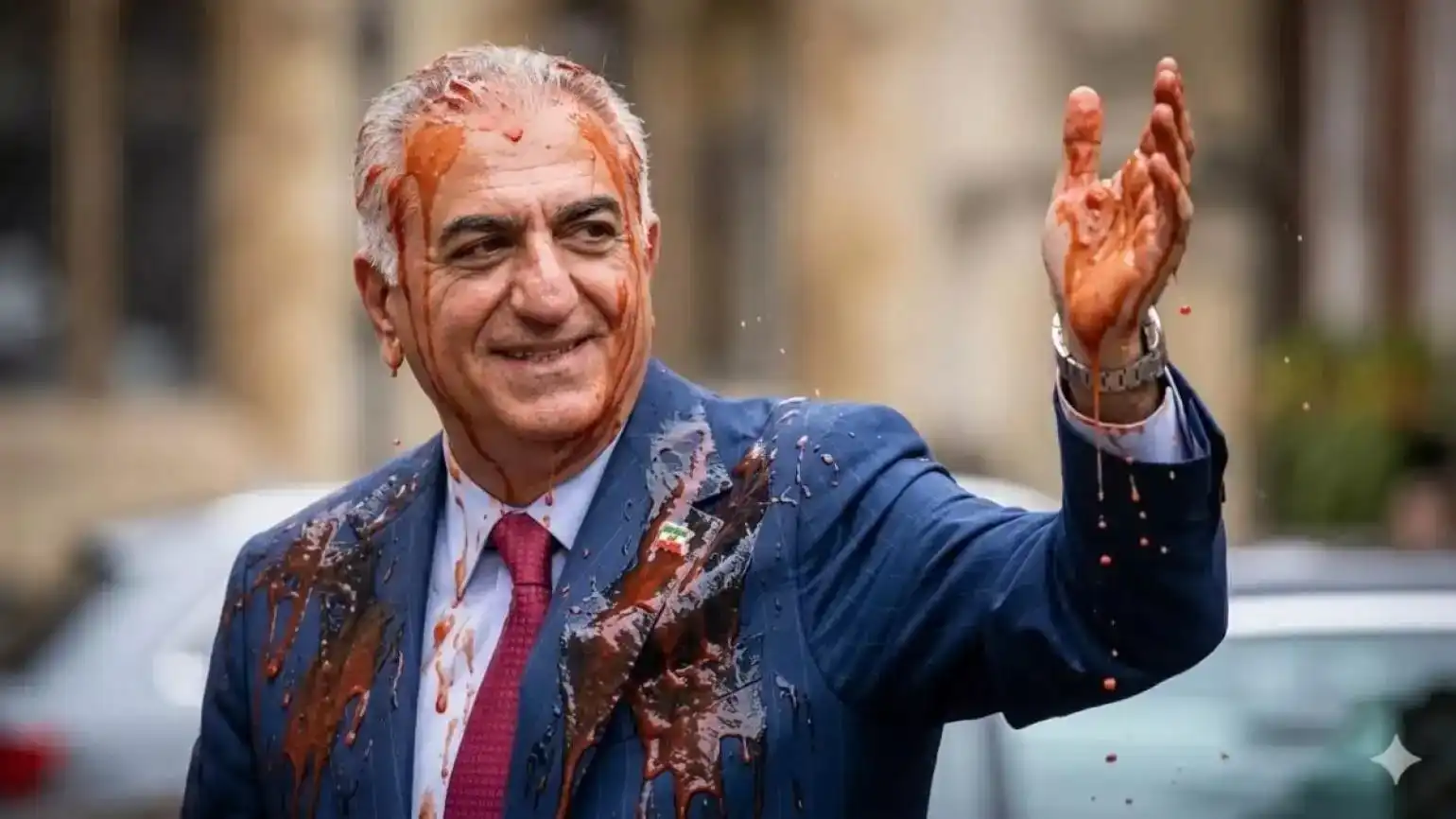 Պերլինի մէջ մամլոյ ասուլիսէն ետք վտարանդի թագաժառանգ Ռեզա Փահլավիի վրայ կարմիր հեղուկ թափած են