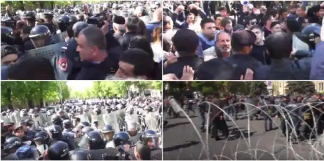 Ազգային Ժողովի շէնքի  մօտ բախումներ. Ոստիկանութիւնը  կը փորձէ կարգի   հրաւիրել բողոքարարները