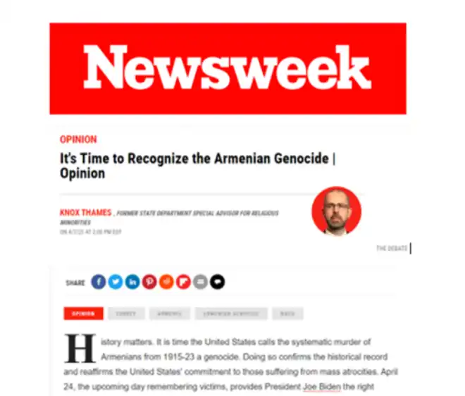 Ժամանակն է, որ հայերուն դէմ եղածները կոչուին իրենց անունով, կոչուին՝  Ցեղասպանութիւն. «Newsweek»-ի  անդրադարձը